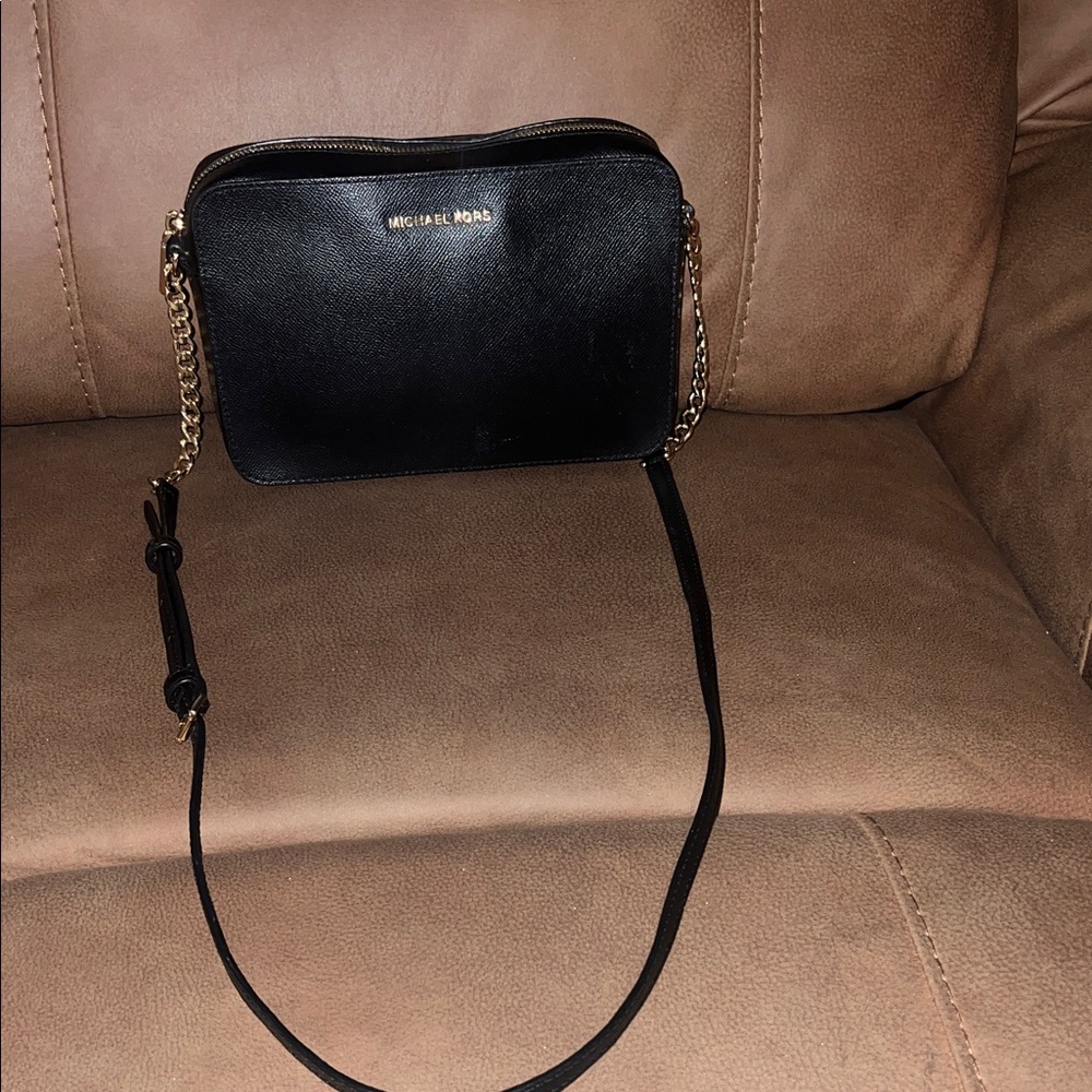 Michael Kors Black Leather Crossbody with Gold Chain Detail